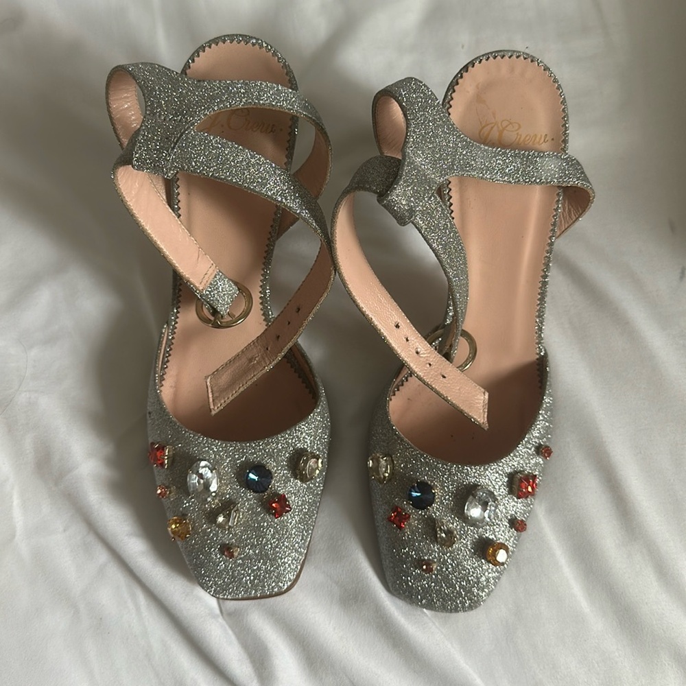 J.crew Harlow vicky silver glitter jewel gems ankle strap pumps